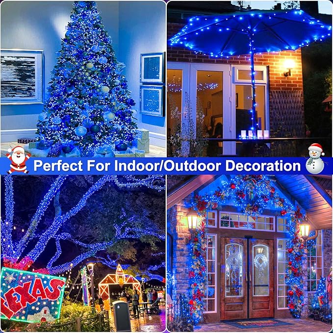 2 Pack Christmas Lights Outdoor, Total 200FT 600 LED String Lights for Outside Waterproof with 8 Modes, Connectable Plug In Fairy Lights for Indoor Patio Garden Party Holiday Decorations, Blue