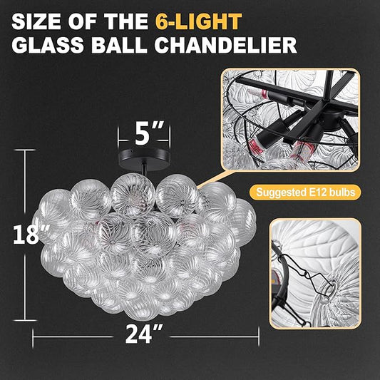 Hand Blown Glass Bubble Ball Chandelier Black Finish 24" Semi-Flush Mount Ceiling Light Fixtures Art Deco Cluster Ribbed Glass Globe Lighting for Dining Room Living Entry Farmhouse