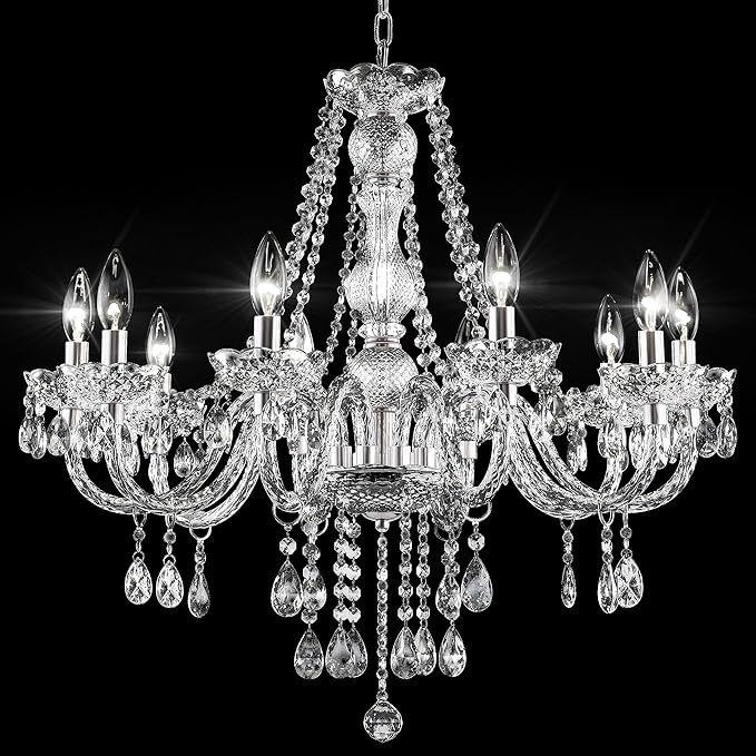 PAPAYA Plug in Crystal Chandeliers Clear Chandelier 25 * 27.5in 10-Light Modern Pendant Ceiling Lighting Fixture with Acrylic Crystals & Beads for Girls Room,Living Room,Kitchen Island,Entryway.