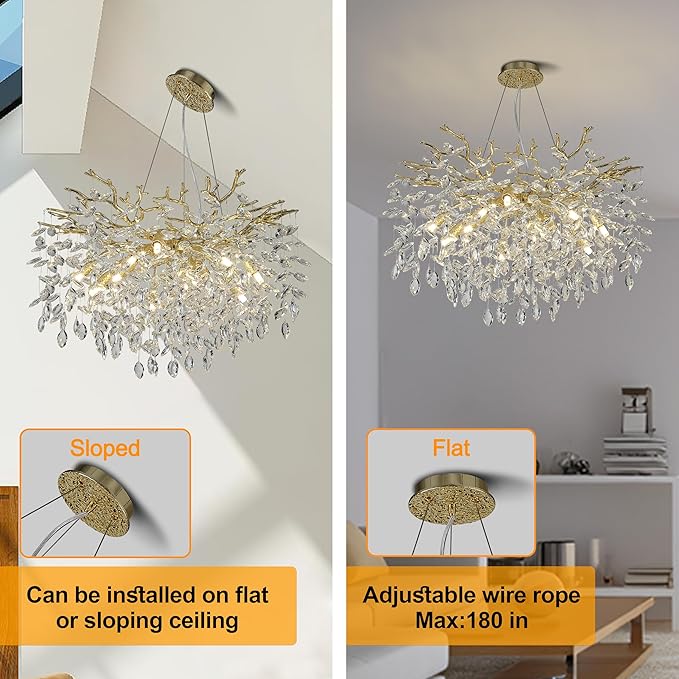 Modern Crystal Tree Branches Chandelier, 30in Gold 10 Lights Large Ceiling Hanging Light for Dining Room, Round Raindrop Pendant Light Fixture