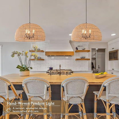 17.6 inch Hemp Rope Woven Pendant Light Wicker Pendant Light 3-light Rattan Light Fixture Boho Chandelier Farmhouse Chandelier Dome Pendants Light for Dining Room Bedroom Kitchen(Bulb Incl