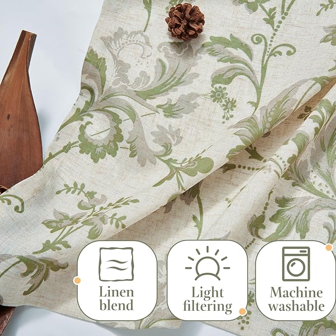 jinchan Linen Kitchen Curtains 36 Inch Vintage Floral Tier Curtains Farmhouse Cottage Cafe Rod Pocket Country Small Window for Laundry Room Bathroom RV 2 Panels Green on Beige