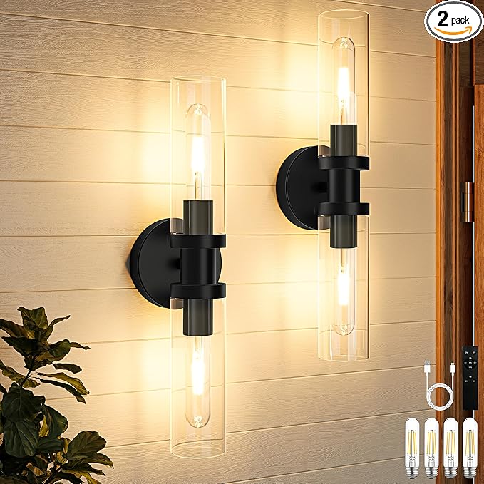 Rayogale 10000mAh Wireless Wall Sconce with Remote Control, Black Dimmable Rechargeable Battery Sconces Wall Decor Set of 2 with Timer Function for Living Room, Bedroom, Hallway, Entryway 3000K