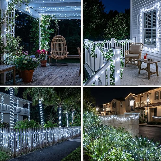350LED 90FT Christmas Lights Indoor Outdoor, 12 Modes Cool White Outdoor String Lights with Timer & Dimmable, Green Wire Christmas String Lights for Tree Patio Yard Fence Bedroom Wedding Garden Decor