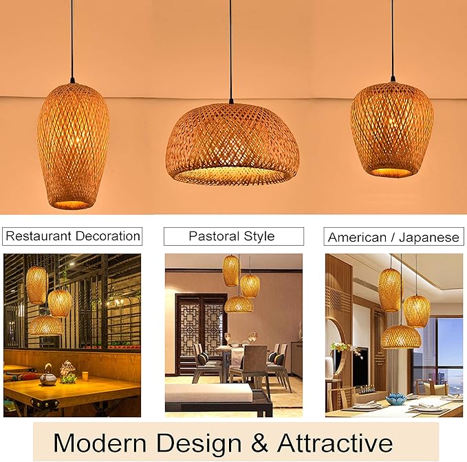Bamboo Light Fixtures, 3 Headlights E26 E27 Retro Rustic Bamboo Wicker Rattan Chandelier Ceiling Hanging Light for Living Room Bedroom Farmhouse Restaurant Cafe Teahouse Bar Dining Room Club