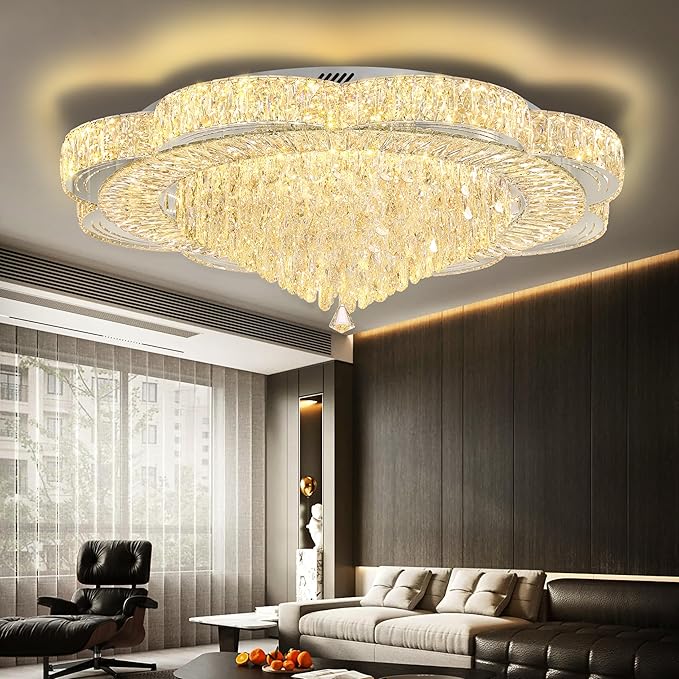 Modern Crystal Chandelier for Living Room 40in Chrome Crystal Raindrop Ceiling Light for Room Bedroom LED Dimmable 3000-6000K