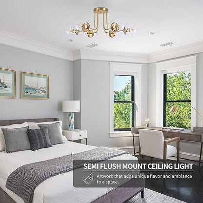 KoKo&Yukina 6-Light Mid Century Ceiling Light Modern Semi Flush Mount Ceiling Light Fixture Globe Ceiling Light with Clear Glass Shade Brushed Brass Finish for Bedroom Hallway Dining Room Living Room