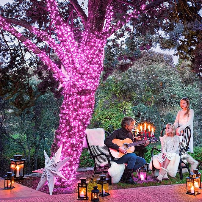 2 Pack Christmas Lights Outdoor, Total 200FT 600LED String Lights for Outside Waterproof with 8 Modes, Green Wire Twinkle Lights for Indoor Room Patio Garden Party Decorations, Pink