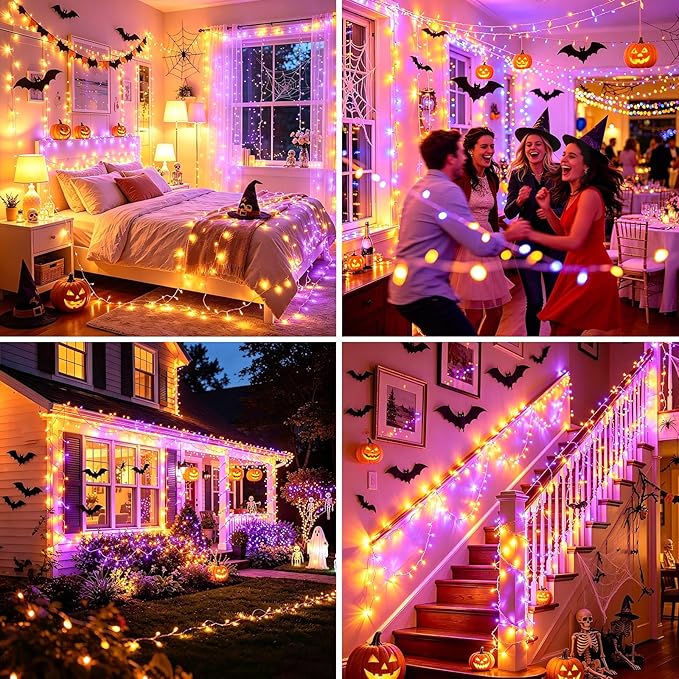 Pooqla Halloween Purple and Orange String Lights, 200 LED Green Wire Indoor and Outdoor Lights