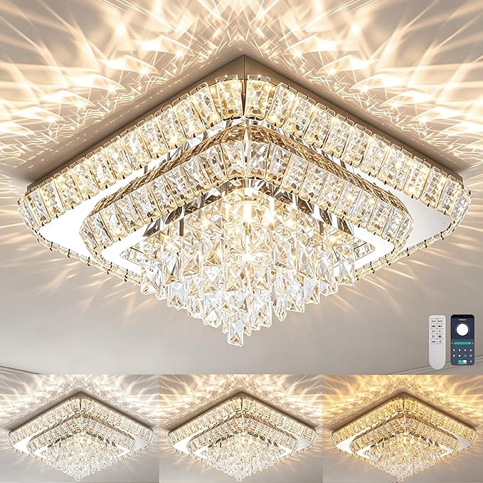 Miuyhji Elegant LED Crystal Raindrop Ceiling Light,18in Square Flush Mount Chandelier with Remote for Living Room Kitchen Island Bedroom Hallway Entryway Foyer (Dimmable)