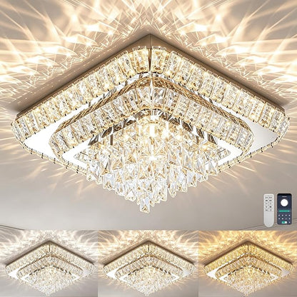 Miuyhji Elegant LED Crystal Raindrop Ceiling Light,18in Square Flush Mount Chandelier with Remote for Living Room Kitchen Island Bedroom Hallway Entryway Foyer (Dimmable)