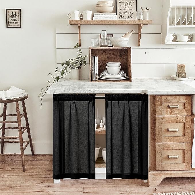 Black Linen Cafe Curtains 30 Inch Length 2 Panels Privacy Light Filtering Semi Sheer Front Door Small Window Treatment Boho Farmhouse Rod Pocket Short Curtains for Bathroom Kitchen Basement RV 26x30