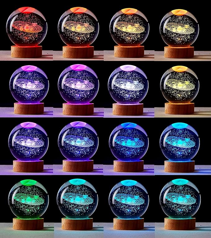 3.15 inch Solar System Crystal Ball lamp,3D K9 Crystal Ball Night Light with Wooden Base,16 Colors Change with Remote Control,Galaxy Light,Birthday Gift for Friends (Solar System)