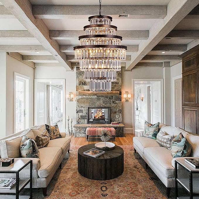 Wellmet Antique Gold Crystal Chandelier, 7-Tier Large Vintage Luxury Crystal Chandelier, Bronze Crystal Pendant Light for Living Room, Dining Table, Foyer, Drawing Room, Hallway, Entryway, Restaurant