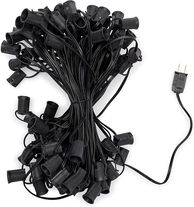 Holiday Lighting Outlet C9 Christmas Light String, Patio Event Lighting, Black Cord, 12" Socket Spacing, E17 (100'')