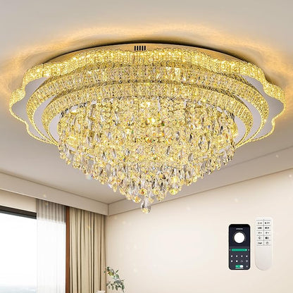 Silver LED Crystal Ceiling Light for Living Room, 40" Modern Large Flush Mount Chandelier with K9 Crystal Raindrop,Elegant Lighting Fixture with Remote Control for Hallway Dinning Room