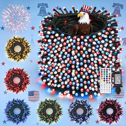 iShabao RGB Color Changing String Lights, 180ft 500 LED Red Wihte Blue Light with Remote Timer, Wateproof Plug in,July 4th Patriotic Lights for Wreath Home Party Yard Garden Tree Decor