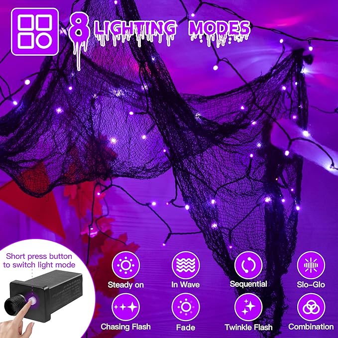 Guhope 66FT 200 LED Halloween Lights, Purple Halloween Lights Outdoor with 8 Lighting Modes, Waterproof String Lights for Halloween Christmas Outdoor Party Yard Garden Decoration