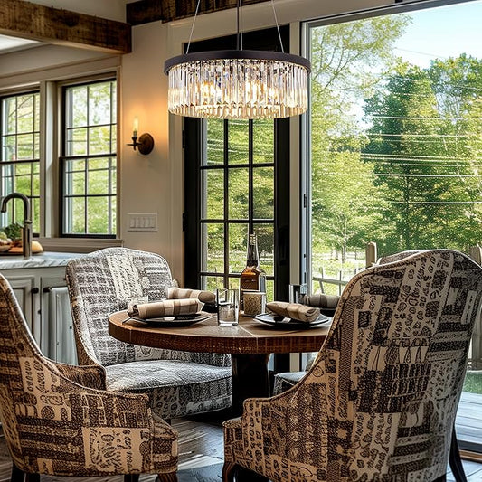 Wellmet Modern Crystal Chandelier for Dining Room, 6 Lights Black Farmhouse Crystal Pendant Light, Vintage Ceiling Lighting Fixture for Kitchen Island, Living Room, Bedroom, Hallway, Foyer, W-21.65”