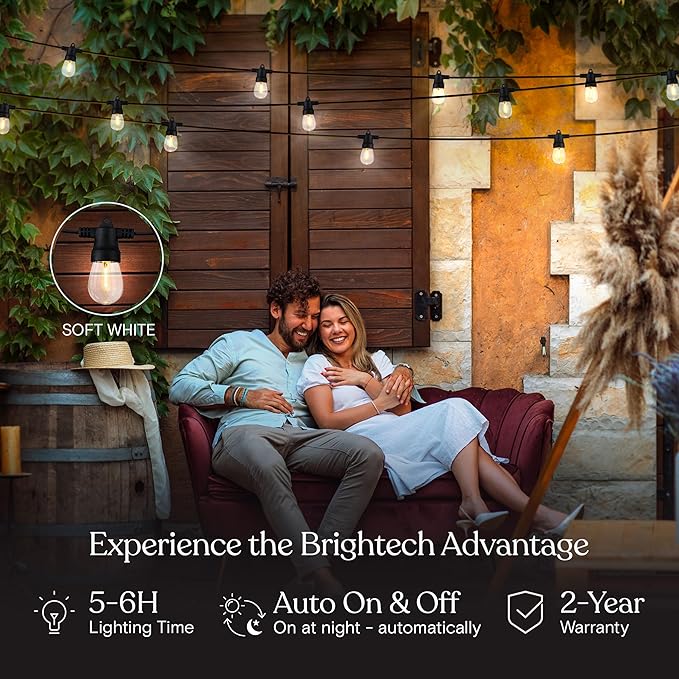 Brightech Ambience Hybrid Outdoor String Lights - Dual Plug and Solar Powered Waterproof LED Light String for Outside - Dimmable Color Changing Edison Bulbs for Camping, Patio, Cafe, Yard - 104ft, 7W