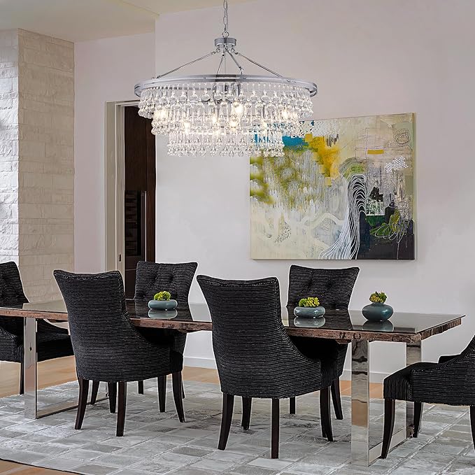 Wellmet Large Chrome Farmhouse Chandelier, 32" Round Modern Crystal Teardrop Chandelier for Dining Room, Living Room, Bedroom, Kitchen, Entryway, Hallway, Closet