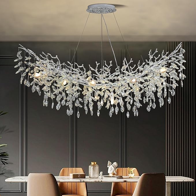 Modern Crystal Tree Branches Chandelier, 40in Silver 10 Lights Large Ceiling Hanging Light for Dining Room, Arc Raindrop Pendant Light Fixture