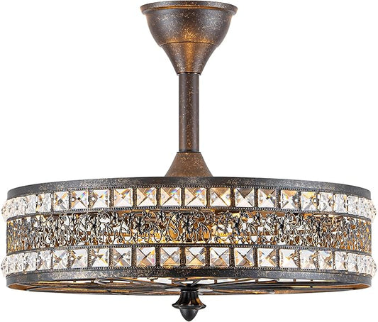Chandelier Ceiling Fan with Light, Vintage Crystal Victorian Art Deco Elegant Fandelier, Caged Bladeless Enclosed Drum Pendant Light Fixture for Dining Room, Bedroom, Kitchen Island, Entryway