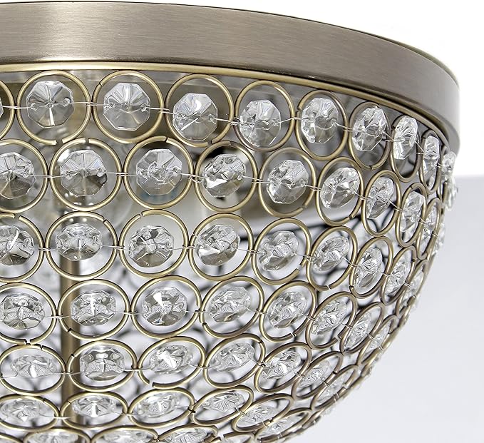 Elegant Designs FM1000-ABS-2PK Elipse Crystal 13 Inch Modern Metal 2 Light Bowl Shaped Ceiling Flush Mount Fixture 2 Pack, Antique Brass