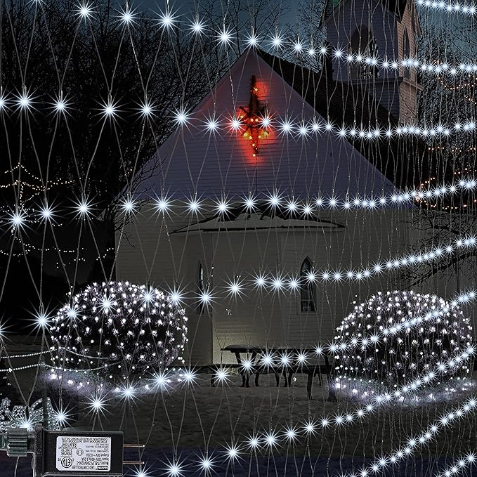 Cool White Net Lights, 360 LED Outdoor Christmas Net String Lights, 21 ft x 5 ft Large Net Mesh String Lights, 8 Modes Twinkle Lights Connectable Plug in for Bushes Christmas Yard Garden Party Decor