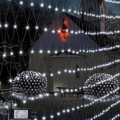 Cool White Net Lights, 360 LED Outdoor Christmas Net String Lights, 21 ft x 5 ft Large Net Mesh String Lights, 8 Modes Twinkle Lights Connectable Plug in for Bushes Christmas Yard Garden Party Decor