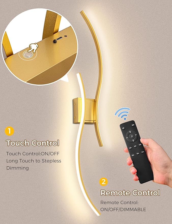 DORESshop Battery Operated Wall Sconces Set of 2, Modern Wireless Rechargeable Wall Lights with Stepless Dimming,3000k-6000K, Sconce Wall Decor for Living Room, Hallway, Bedroom, Gold 39in