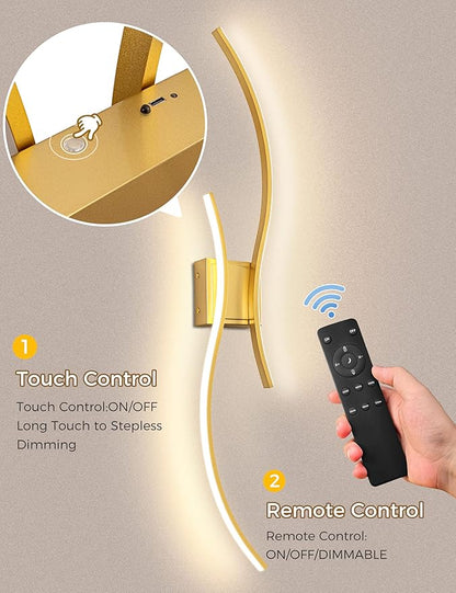 DORESshop Battery Operated Wall Sconces Set of 2, Modern Wireless Rechargeable Wall Lights with Stepless Dimming,3000k-6000K, Sconce Wall Decor for Living Room, Hallway, Bedroom, Gold 39in