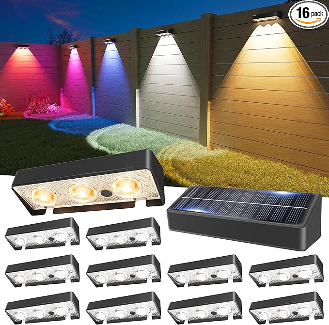 JOFIOS Solar Fence Lights 12 Pack, Warm White, Cool White and RGB Color Glow LED Solar Light, IP65 Waterproof Fence Lights Solar Powered for Patio, Backyard, Railing, Deck and Wall