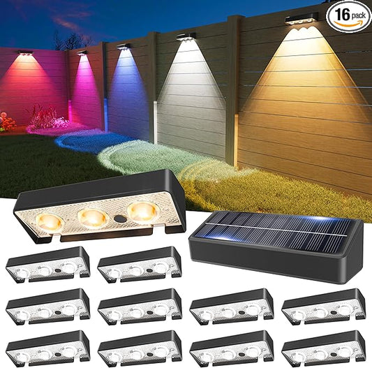JOFIOS Solar Fence Lights 12 Pack, Warm White, Cool White and RGB Color Glow LED Solar Light, IP65 Waterproof Fence Lights Solar Powered for Patio, Backyard, Railing, Deck and Wall
