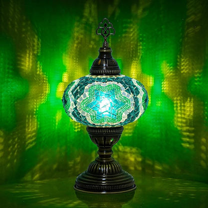 Turkish Mosaic Table Lamp with Bulb – Handmade Turquoise-Teal Stained Glass Light, Vintage Bohemian Bedroom & Living Room Decor, E12 Socket & US Plug