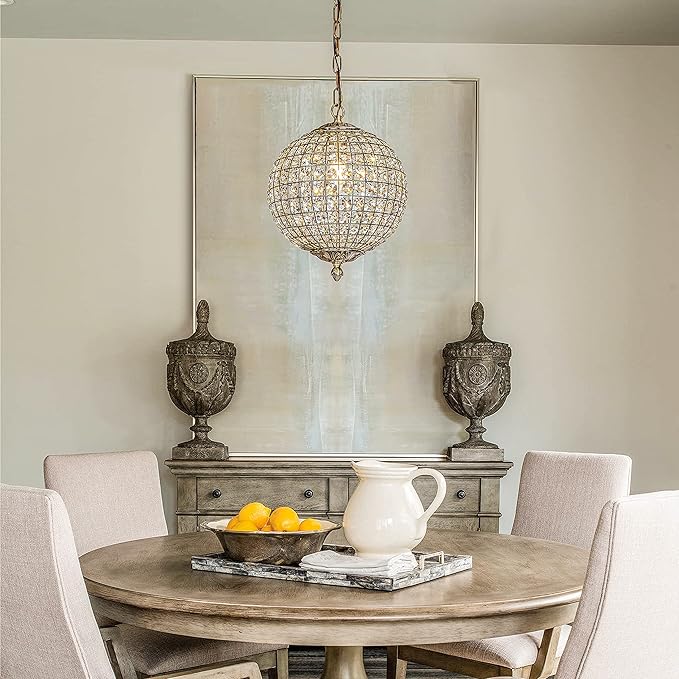 ALOADECOR 1-Light W12 in. Retro Antique Gold Globe Chandelier Small Crystal Vintage Cage-Style Shade Pendant Light for Kitchen Island Sphere Light Fixture for Bedoom
