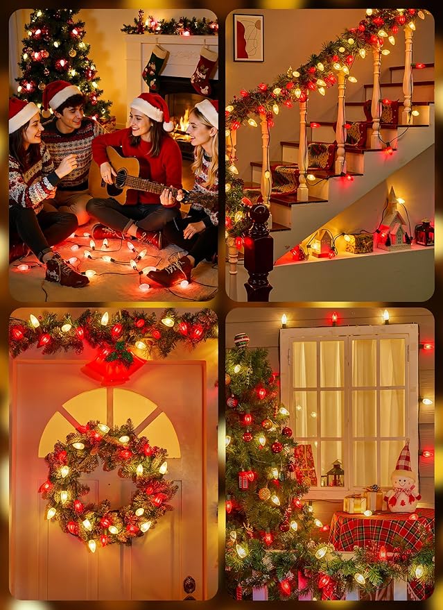 100 Feet Led Christmas Lights, Red and Warm White C9 Christmas String Lights Outdoor, 100 Strawberry Bulbs Connectable UL Certified for Indoor Outdoor Roofline Patio Holiday Party Backyard Decor