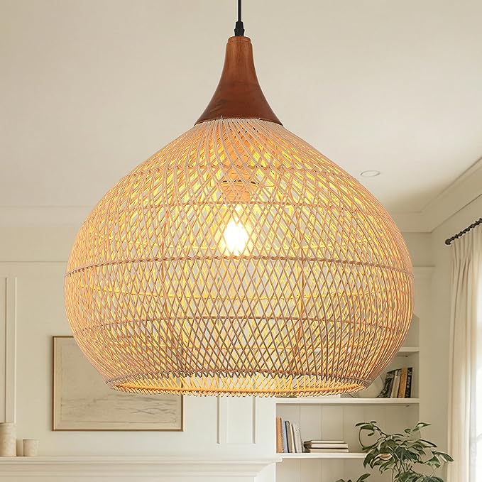 20" Large Rattan Pendant Light, Rattan Chandelier Hand-Woven Boho Pendant Light Fixtures with Solid Wood, Basket Wicker Chandelier for Dining Room Kitchen Island Living Room