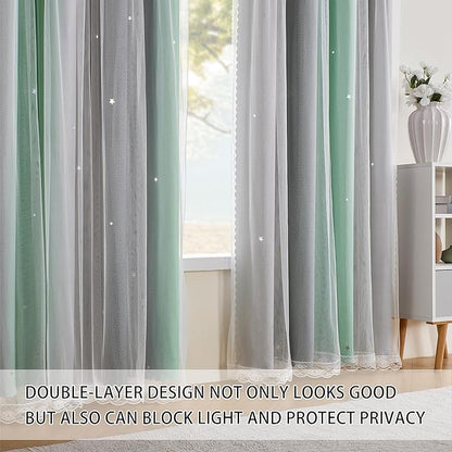 XiDi Green Grey Curtains for Girls Bedroom Decor Kids Blackout Curtains for Nursery Room Darkening Rainbow Princess Unicorn Wall Decals Little Girl Grommet Top 52x45 Inches Long 2 Panels Set