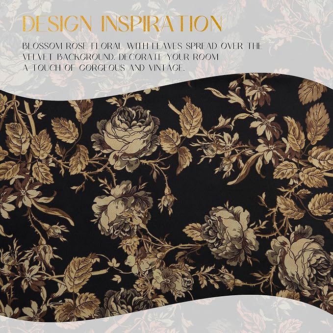 StangH Luxury Floral Printed Valance for Kitchen Window, Light Blocking Rod Pocket Velvet Drape Gold Scalloped Tier Curtain for Bedroom Living Room, W52 x L18, 1 Panel