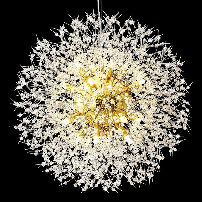 Qamra Modern Crystal Gold Chandeliers, Firework Dandelion Sputnik Chandelier Light Fixture Pendant Lighting for Dining Room, Bedroom, Kitchen, Living Room(16-Light, Gold)