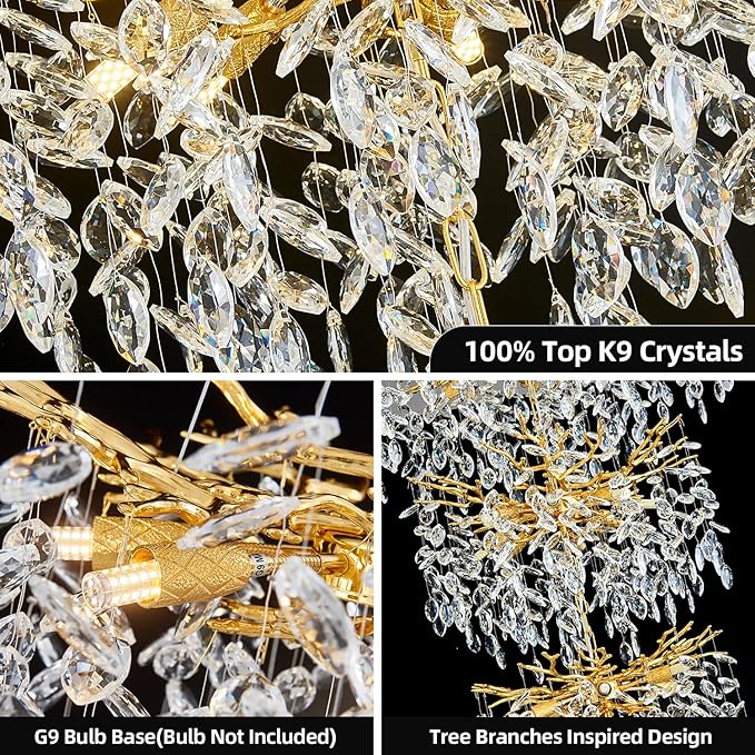 Modern Tree Branch Crystal Chandelier 102" Gold Luxury Large Pendant Lighting 28-Light Contemporary K9 Crystal Chandeliers for Dining Room Kitchen Living Room Foyer Entryway (Gold, H102"-Round)
