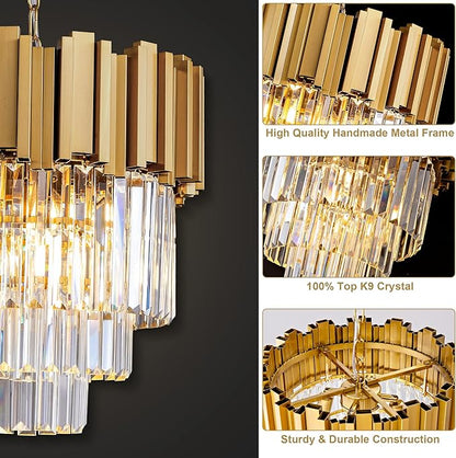 3-Tier 15.8" Modern Gold Crystal Chandelier, 5-Light Round K9 Crystal Pendant Light Fixture for Dining Room, Kitchen Island, Bedroom, Living Room, Foyer, Entryway
