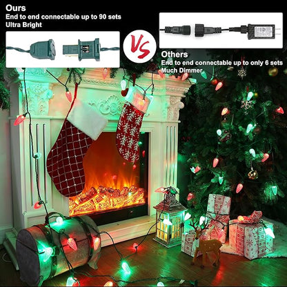 Brizled Red & Green Christmas Lights, 33ft 50 LED Faceted C9 Christmas Lights, Connectable Indoor Outdoor Roof String Light, 120V UL Certified Xmas Tree Light for Xmas Holiday Yard Garden Party