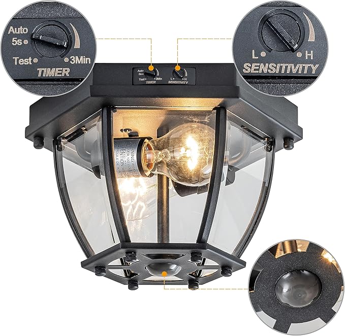 Motion Sensor Flush Mount Ceiling Light Fixture, 2-Light Outdoor Porch Lights Ceiling Mount, Waterproof Matte Black Manual Dusk to Dawn Flush Mount Light Ceiling Lamp, E26 Socket