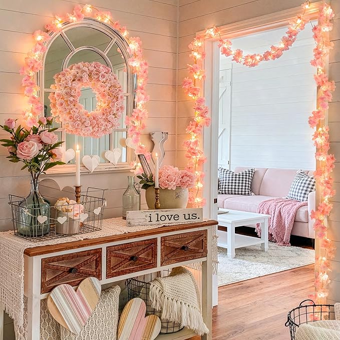JMEXSUSS Cherry Blossom Lights Battery Operated, 15.75 FT 48 LED Pink Flower Garland with Lights, Artificial Flower Vines Garland for Gackdrop Spring Wedding Bedroom Classroom Indoor Decor
