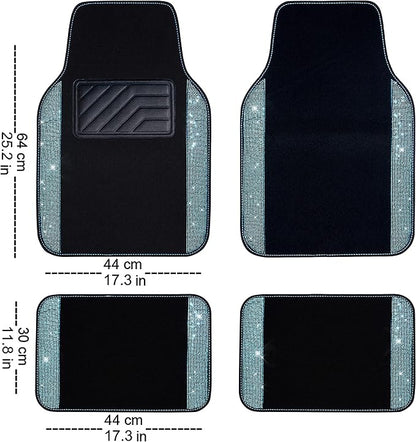 CAR PASS Bling Rhinestones Diamond Waterproof Car Floor Mat, Crystal Sparkly Shining Glitter Carpet, Anti-Slip PVC Heel Pad Universal for Interior Auto SUV,Sedan,Van,4pcs Girly Women Mint Teal Diamond