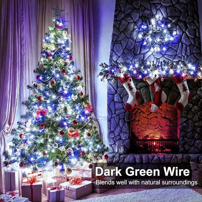 Blue and White Christmas Lights Outdoor, 100FT 300 LED String Lights for Outside Waterproof with 8 Modes, Connectable Plug in Fairy Lights for Indoor Patio Garden Xmas Tree Party Decorations