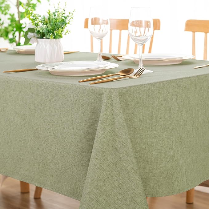 DWCN Rectangle Faux Linen Tablecloth - Waterproof Spill-Proof Wrinkle and Stain Resistant Table Cloth Washable Decorative Farmhouse Table Cover for Kitchen Dining Party, 60 x 84 Inch, Sage Green