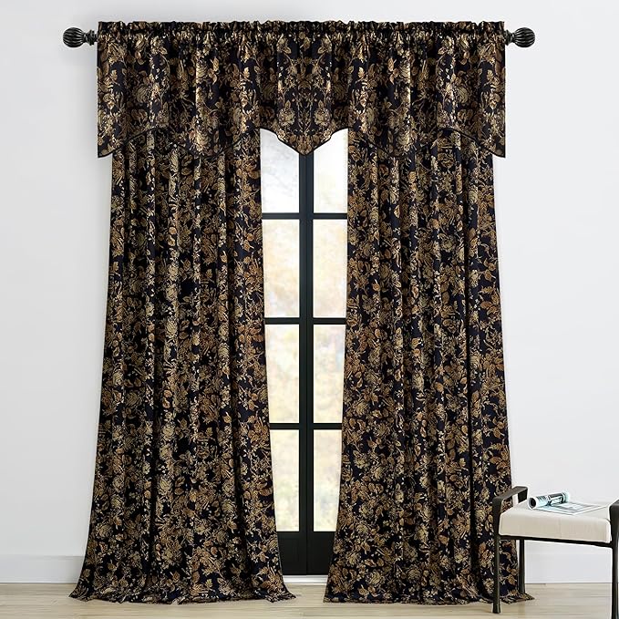 StangH Luxury Floral Printed Valance for Kitchen Window, Light Blocking Rod Pocket Velvet Drape Gold Scalloped Tier Curtain for Bedroom Living Room, W52 x L18, 1 Panel